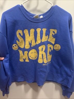 Smile More womens Cropped Sweatshirt - Blue with Gold yellow Print